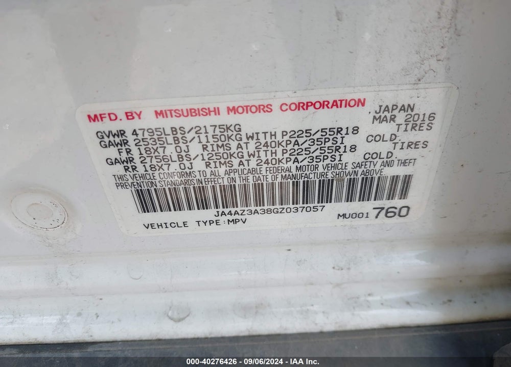2016 MITSUBISHI OUTLANDER ES/SE/SEL VIN: JA4AZ3A38GZ037057