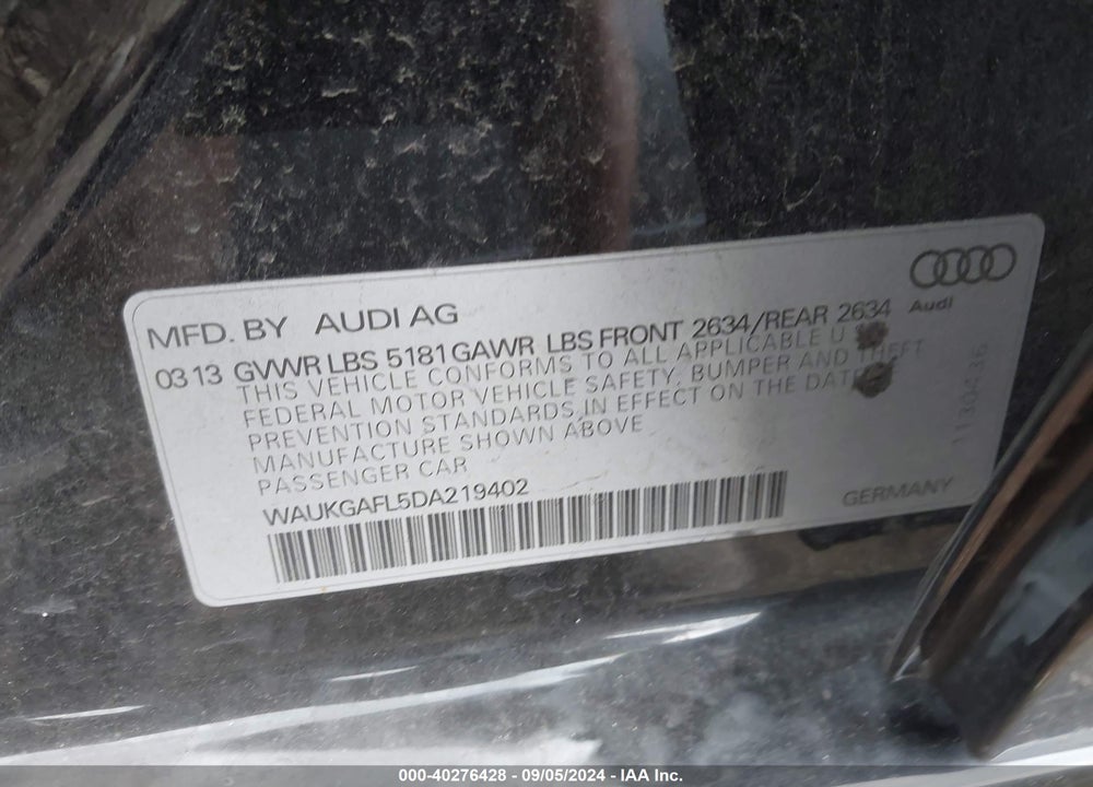 2013 AUDI S4 3.0T PREMIUM PLUS VIN: WAUKGAFL5DA219402