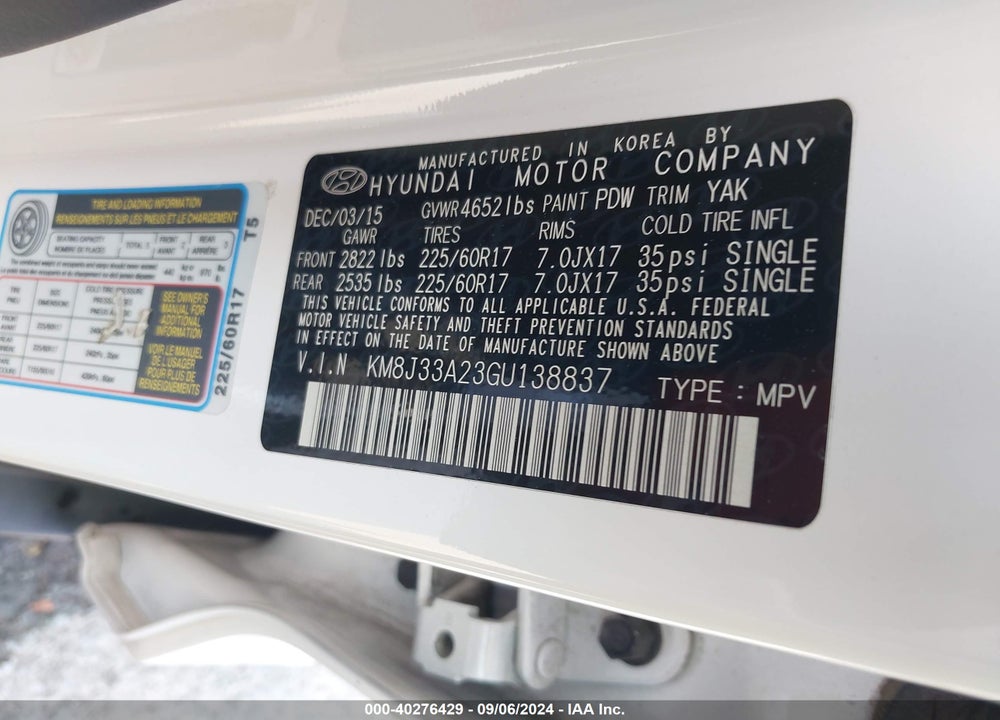 2016 HYUNDAI TUCSON ECO VIN: KM8J33A23GU138837