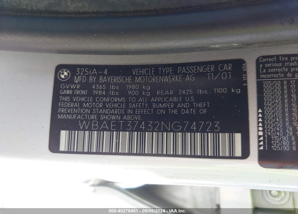 2002 BMW 325I VIN: WBAET37432NG74723