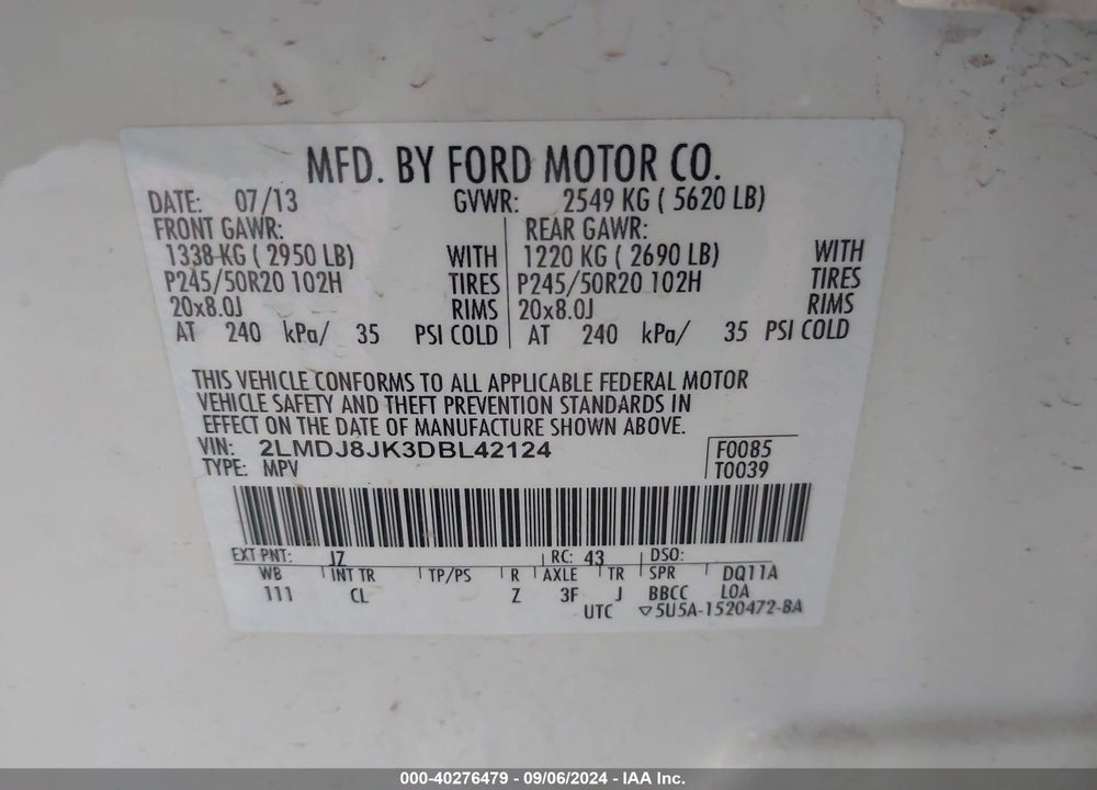 2013 LINCOLN MKX VIN: 2LMDJ8JK3DBL42124