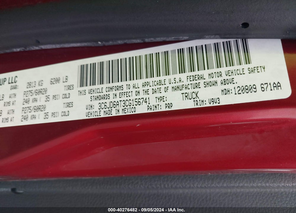 2012 RAM 1500 ST VIN: 3C6JD6AT3CG156741