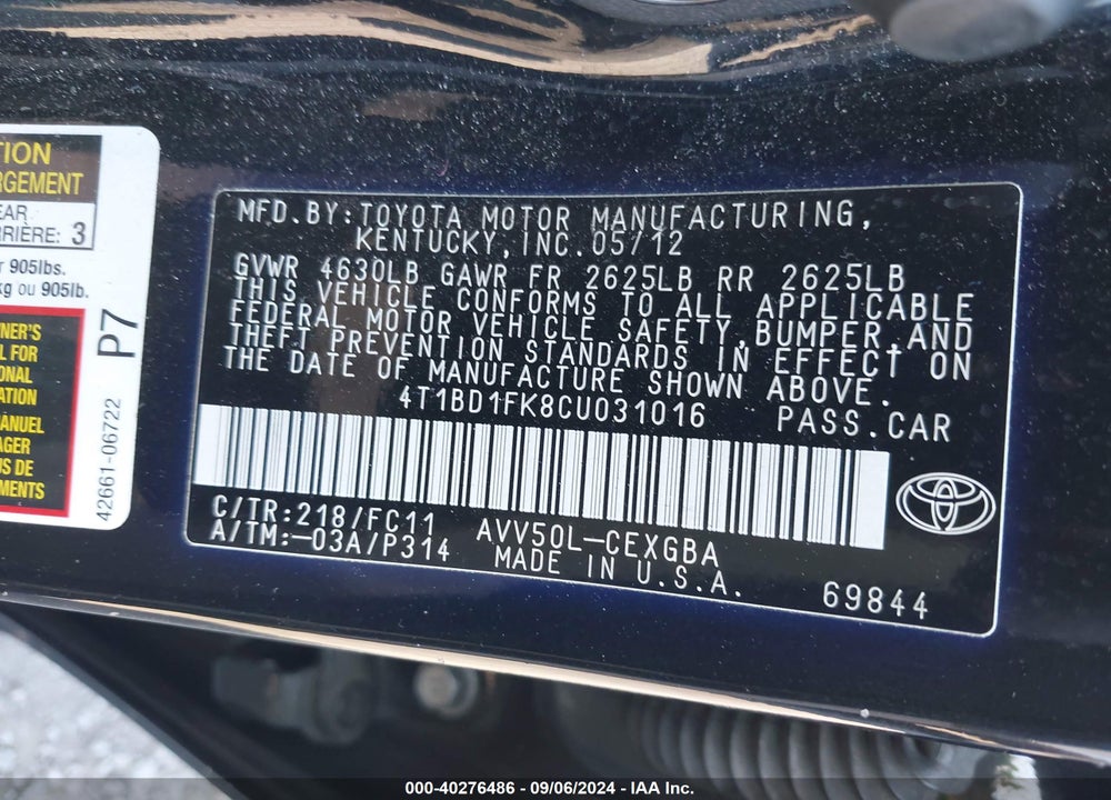 2012 TOYOTA CAMRY HYBRID XLE VIN: 4T1BD1FK8CU031016