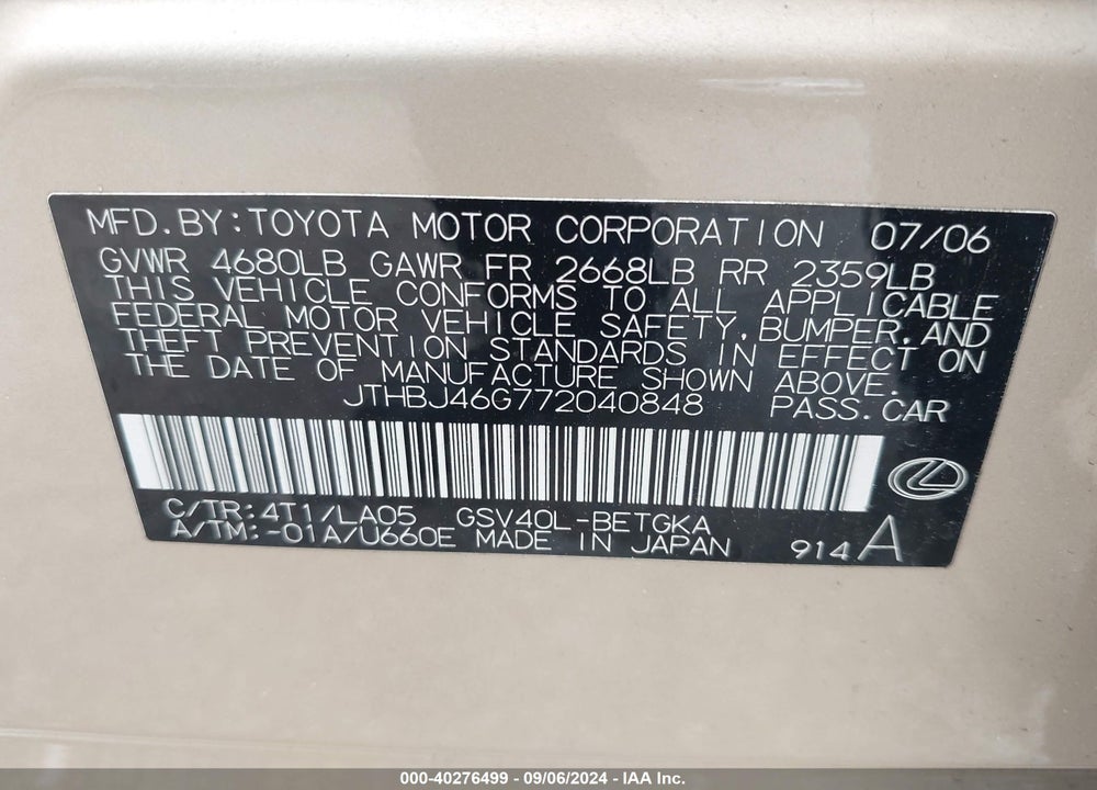2007 LEXUS ES 350 VIN: JTHBJ46G772040848