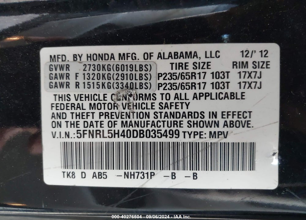 2013 HONDA ODYSSEY EX VIN: 5FNRL5H40DB035499