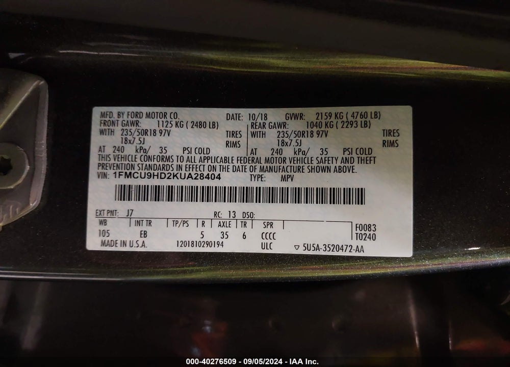 2019 FORD ESCAPE SEL VIN: 1FMCU9HD2KUA28404