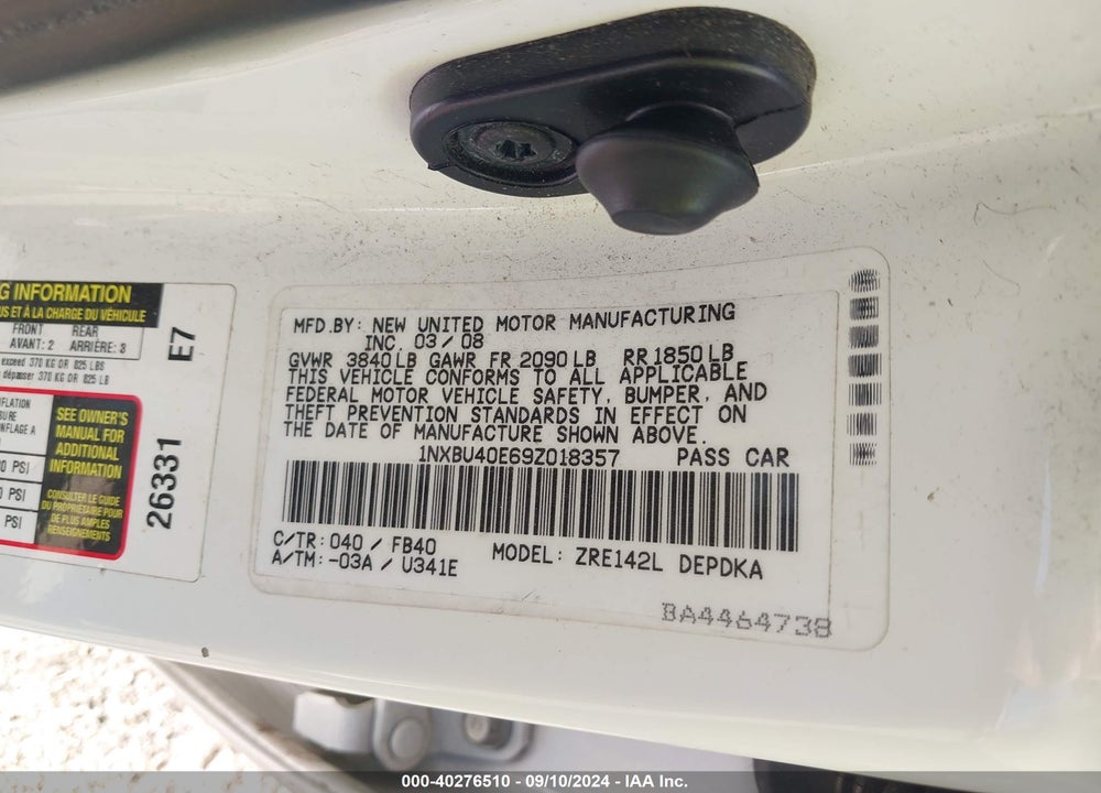 2009 TOYOTA COROLLA LE VIN: 1NXBU40E69Z018357