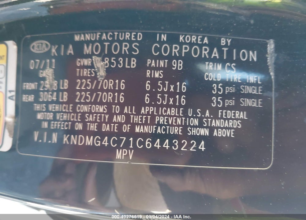 2012 KIA SEDONA LX VIN: KNDMG4C71C6443224