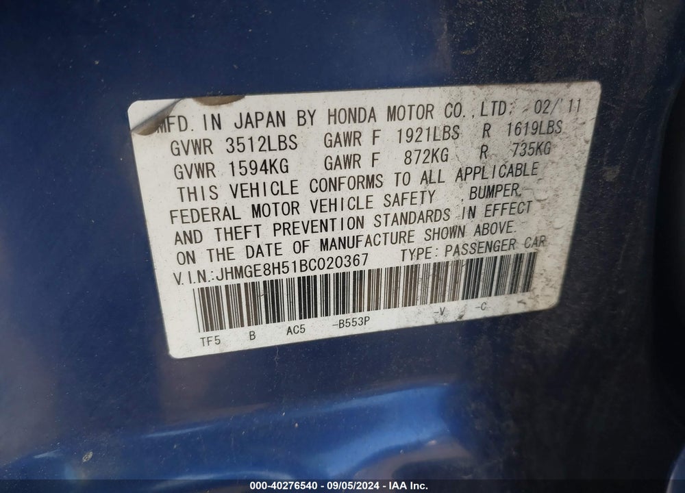 2011 HONDA FIT SPORT VIN: JHMGE8H51BC020367