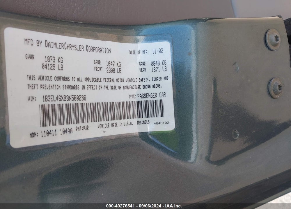 2003 DODGE STRATUS VIN: 1B3EL46X93N580236