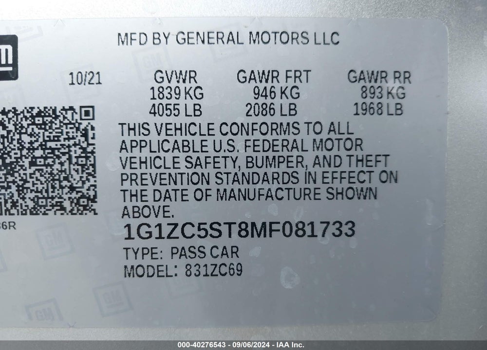 2021 CHEVROLET MALIBU FWD 1FL VIN: 1G1ZC5ST8MF081733