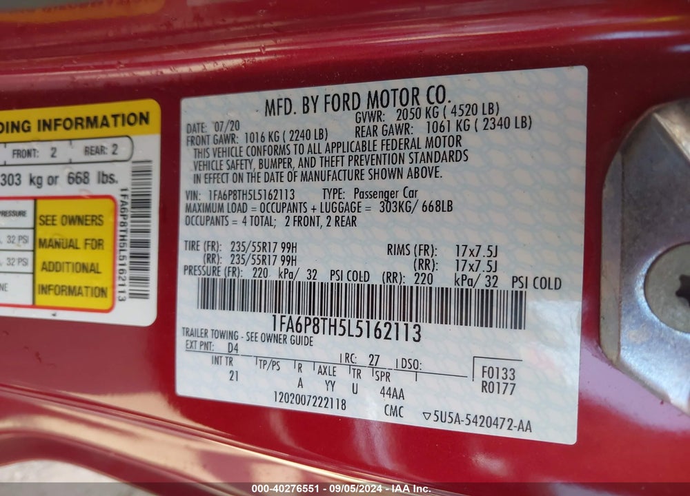 2020 FORD MUSTANG VIN: 1FA6P8TH5L5162113