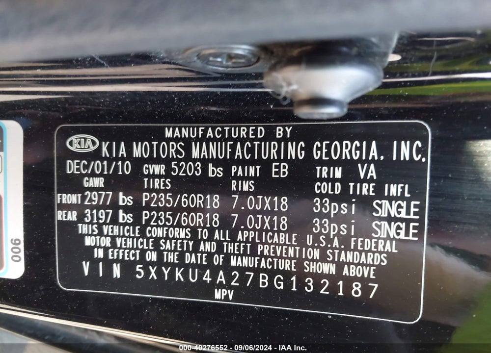 2011 KIA SORENTO EX V6 VIN: 5XYKU4A27BG132187