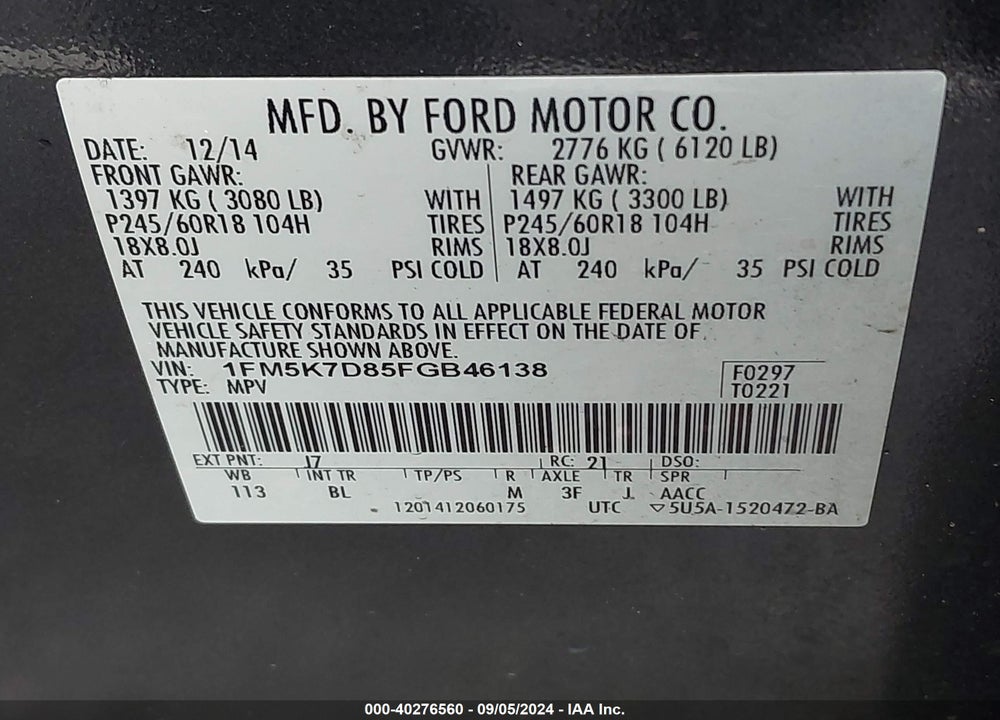 2015 FORD EXPLORER XLT VIN: 1FM5K7D85FGB46138