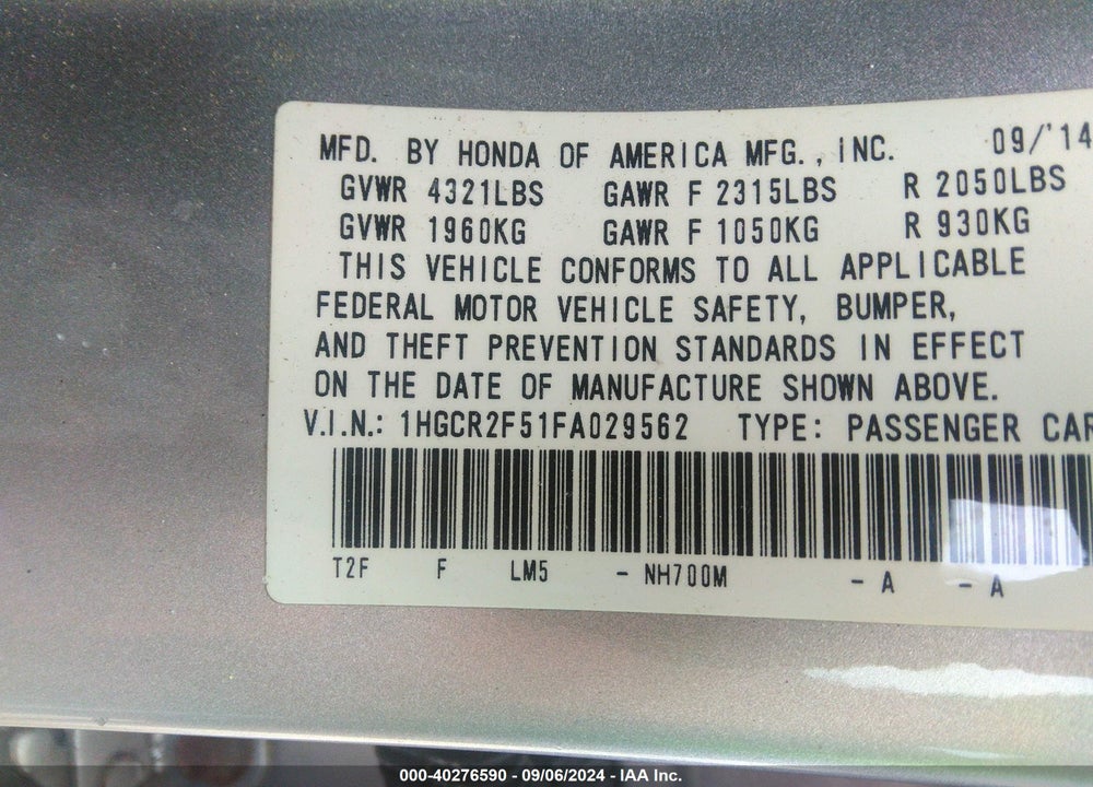 2015 HONDA ACCORD SPORT VIN: 1HGCR2F51FA029562