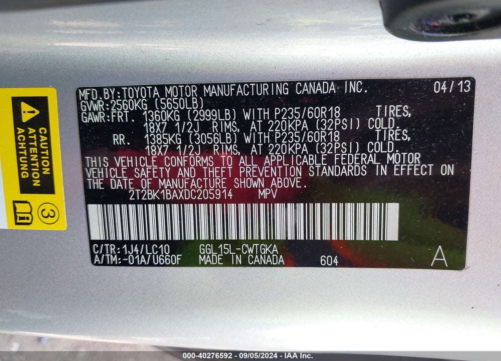 2013 LEXUS RX 350 VIN: 2T2BK1BAXDC205914