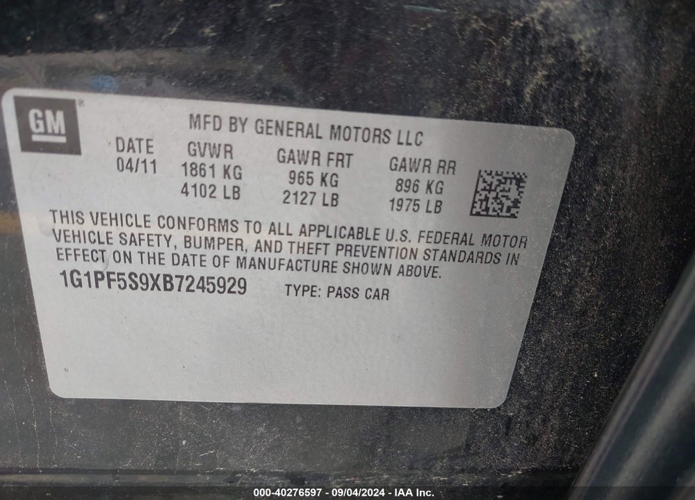 2011 CHEVROLET CRUZE 1LT VIN: 1G1PF5S9XB7245929