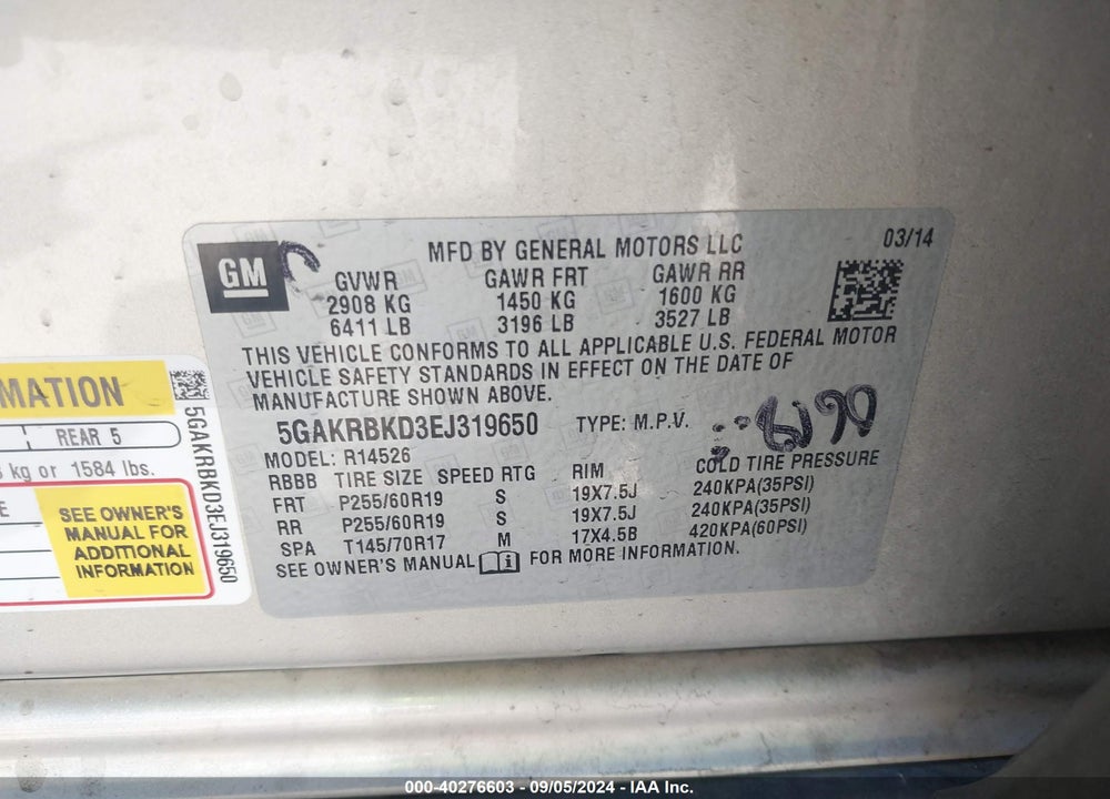 2014 BUICK ENCLAVE LEATHER VIN: 5GAKRBKD3EJ319650