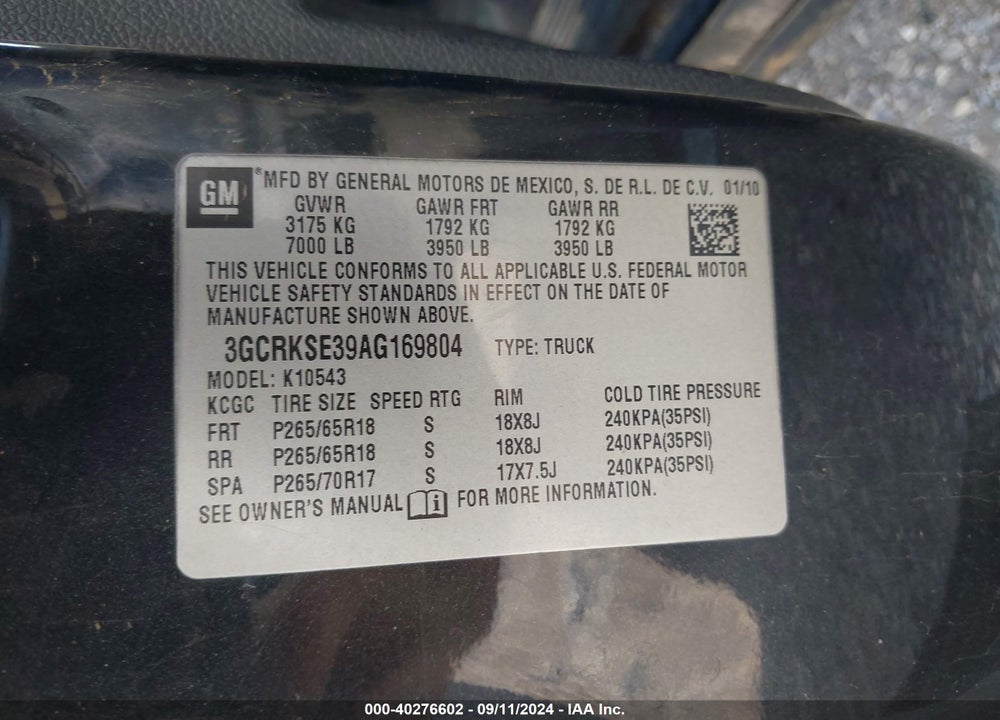 2010 CHEVROLET SILVERADO 1500 LT VIN: 3GCRKSE39AG169804
