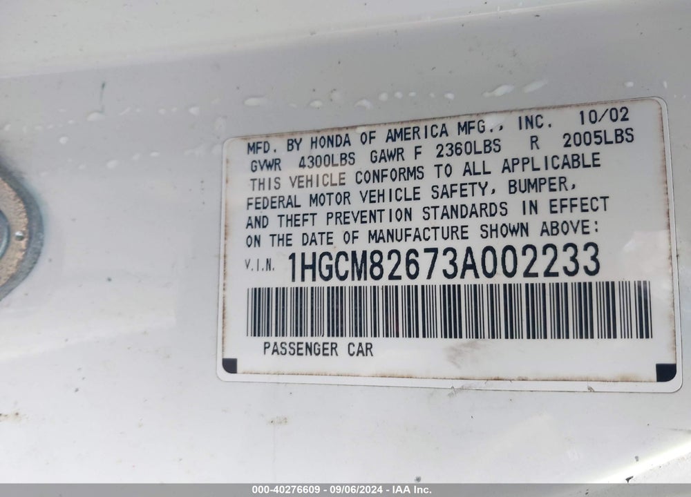 2003 HONDA ACCORD 3.0 EX VIN: 1HGCM82673A002233