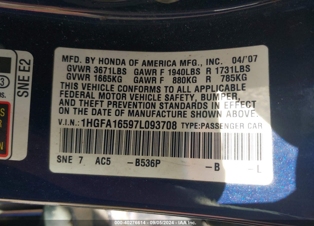 2007 HONDA CIVIC LX VIN: 1HGFA16597L093708