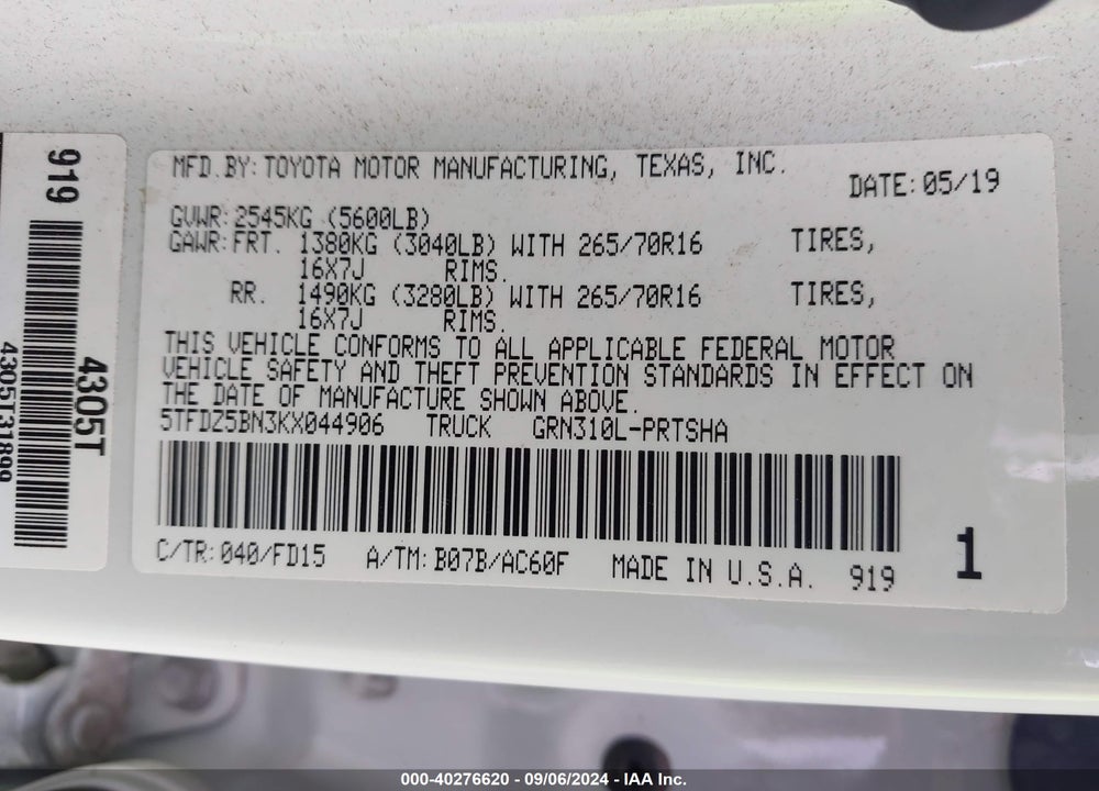 2019 TOYOTA TACOMA TRD OFF ROAD VIN: 5TFDZ5BN3KX044906