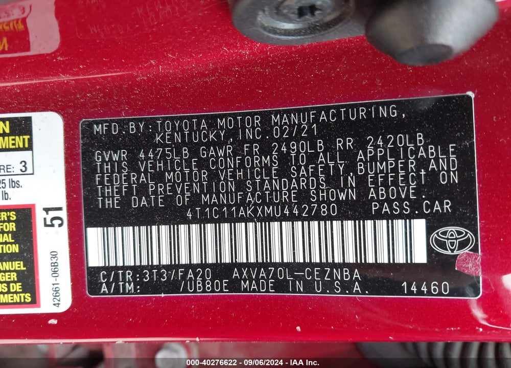 2021 TOYOTA CAMRY LE VIN: 4T1C11AKXMU442780