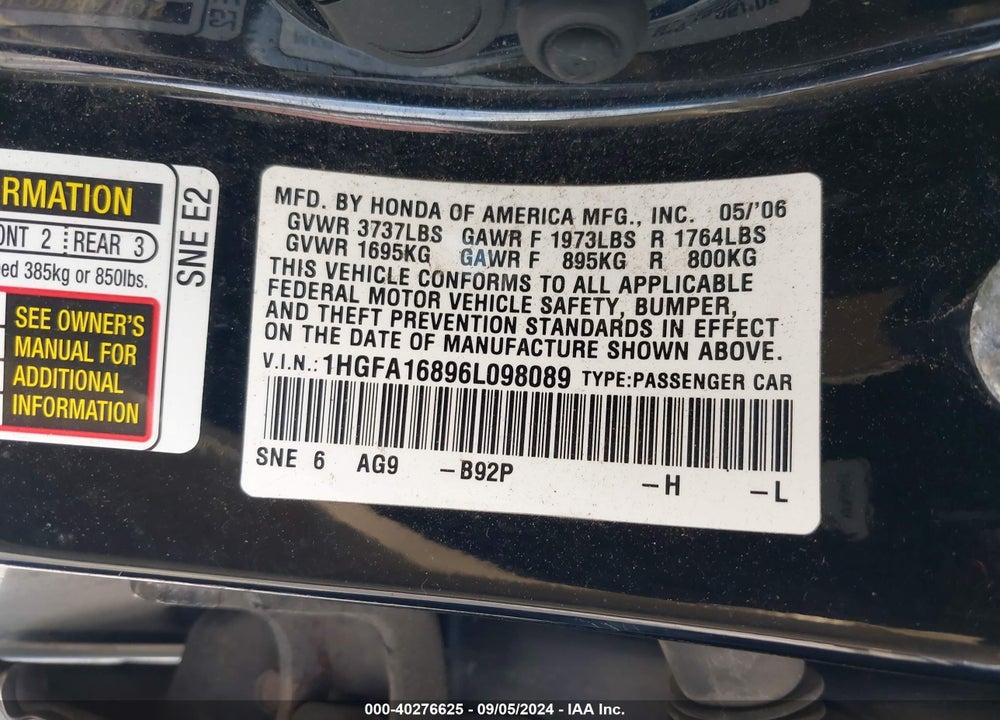 2006 HONDA CIVIC EX VIN: 1HGFA16896L098089