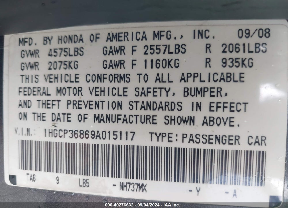 2009 HONDA ACCORD 3.5 EX-L VIN: 1HGCP36869A015117