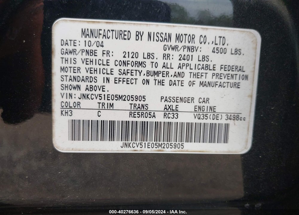 2005 INFINITI G35 VIN: JNKCV51E05M205905