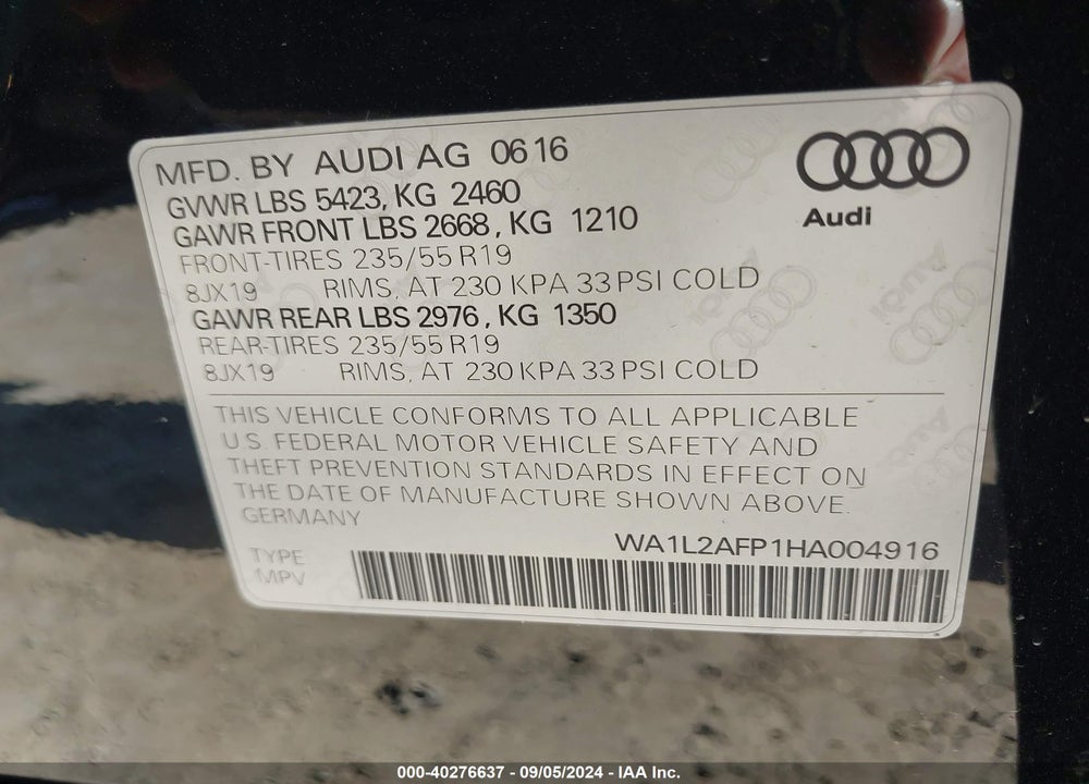 2017 AUDI Q5 2.0T PREMIUM VIN: WA1L2AFP1HA004916