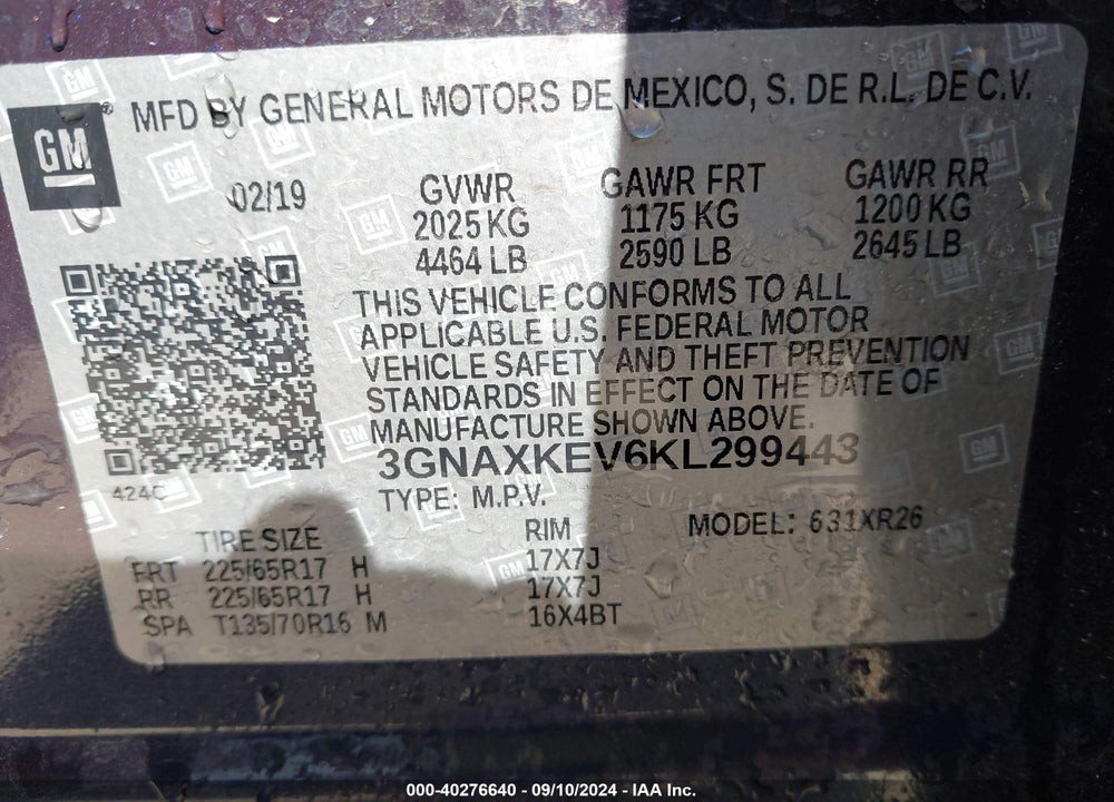 2019 CHEVROLET EQUINOX LT VIN: 3GNAXKEV6KL299443