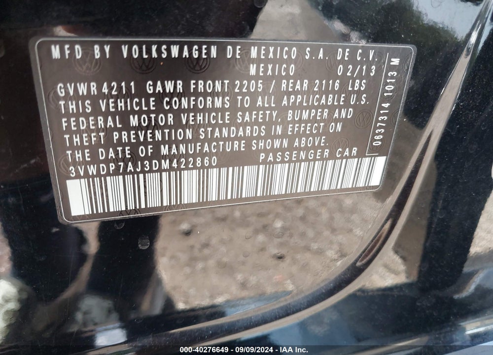 2013 VOLKSWAGEN JETTA 2.5L SE VIN: 3VWDP7AJ3DM422860