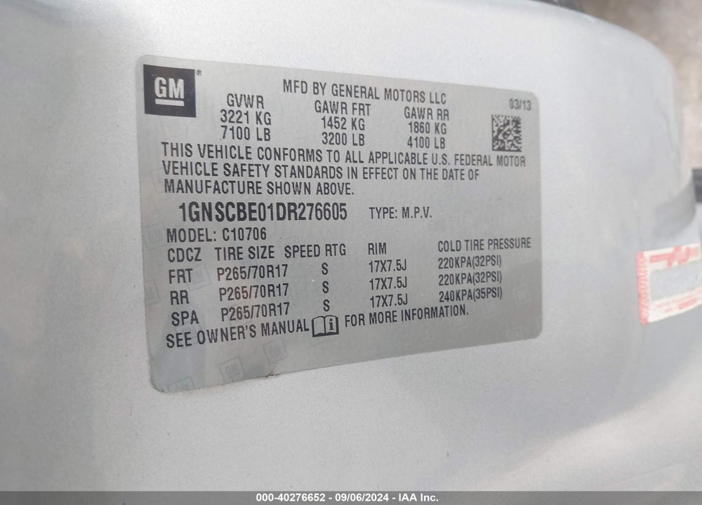 2013 CHEVROLET TAHOE LT VIN: 1GNSCBE01DR276605