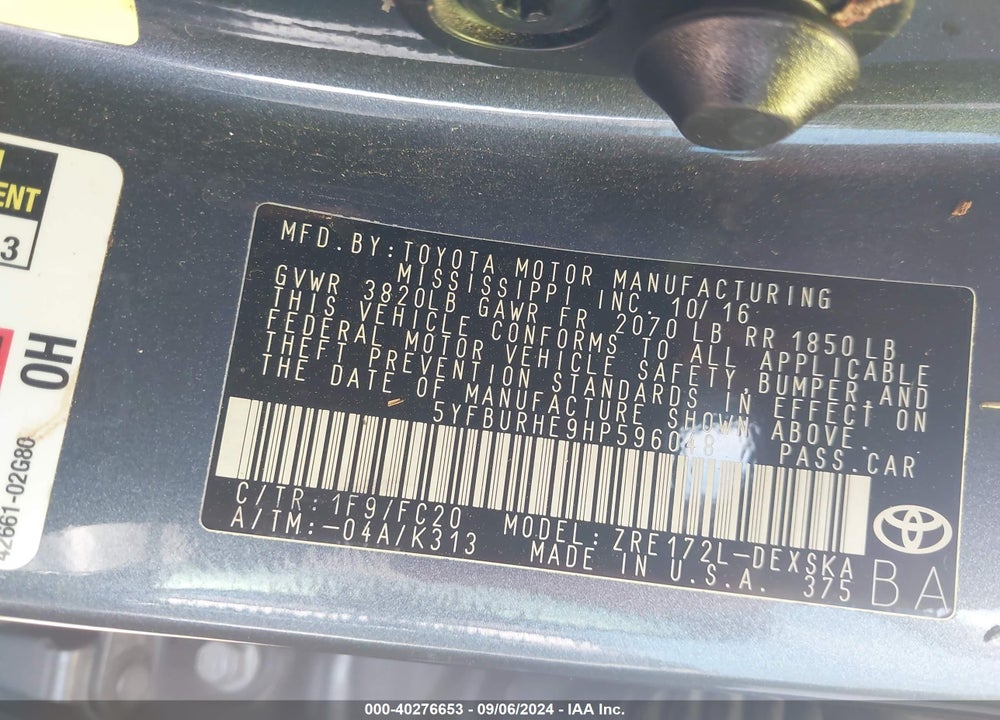 2017 TOYOTA COROLLA SE VIN: 5YFBURHE9HP596048