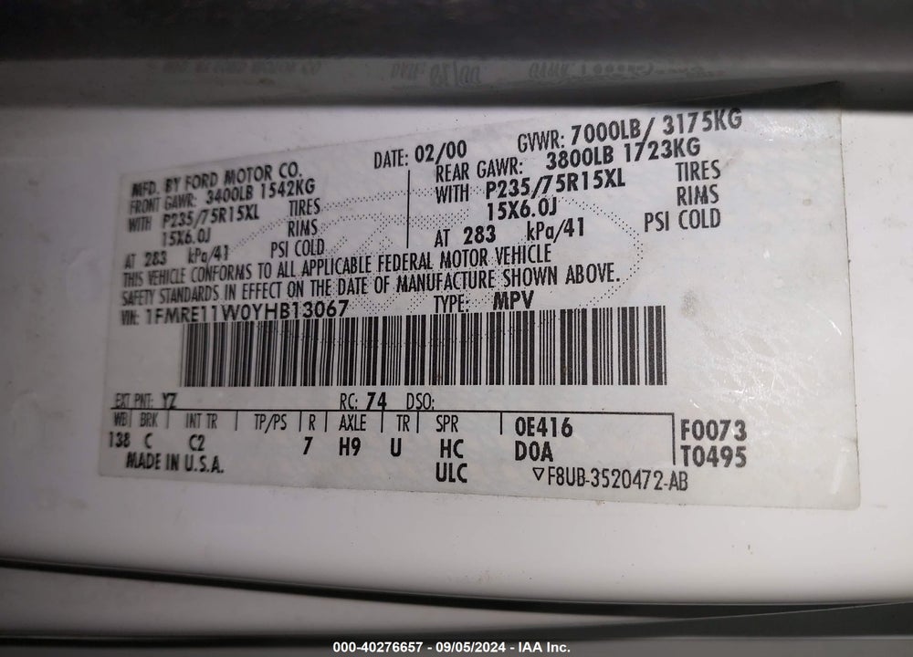 2000 FORD E-150 XL/XLT VIN: 1FMRE11W0YHB13067