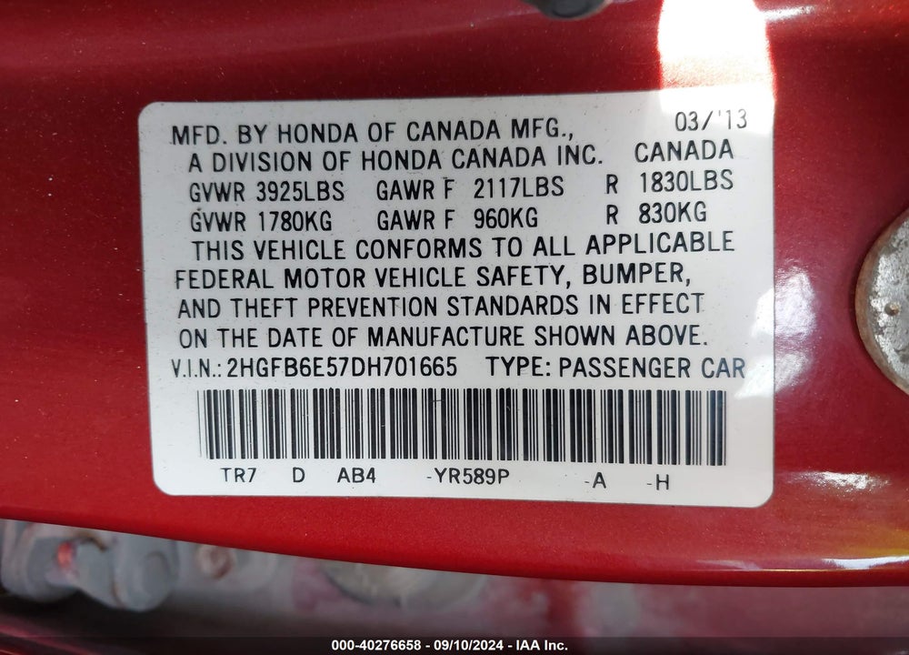 2013 HONDA CIVIC SI VIN: 2HGFB6E57DH701665