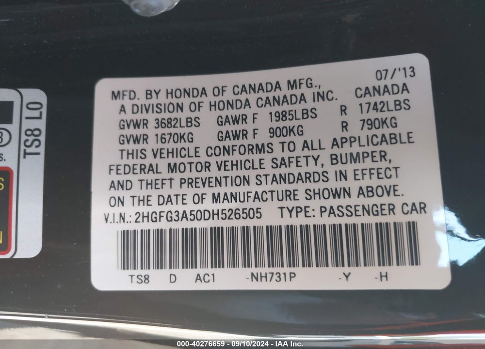 2013 HONDA CIVIC LX VIN: 2HGFG3A50DH526505