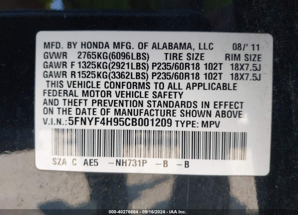 2012 HONDA PILOT VIN: 5FNYF4H95CB001209