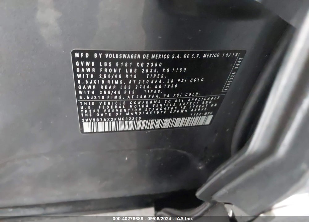 2019 VOLKSWAGEN TIGUAN 2.0T SE/2.0T SEL/2.0T SEL R-LINE/2.0T SEL R-LINE BLACK VIN: 3VV3B7AX2KM032266