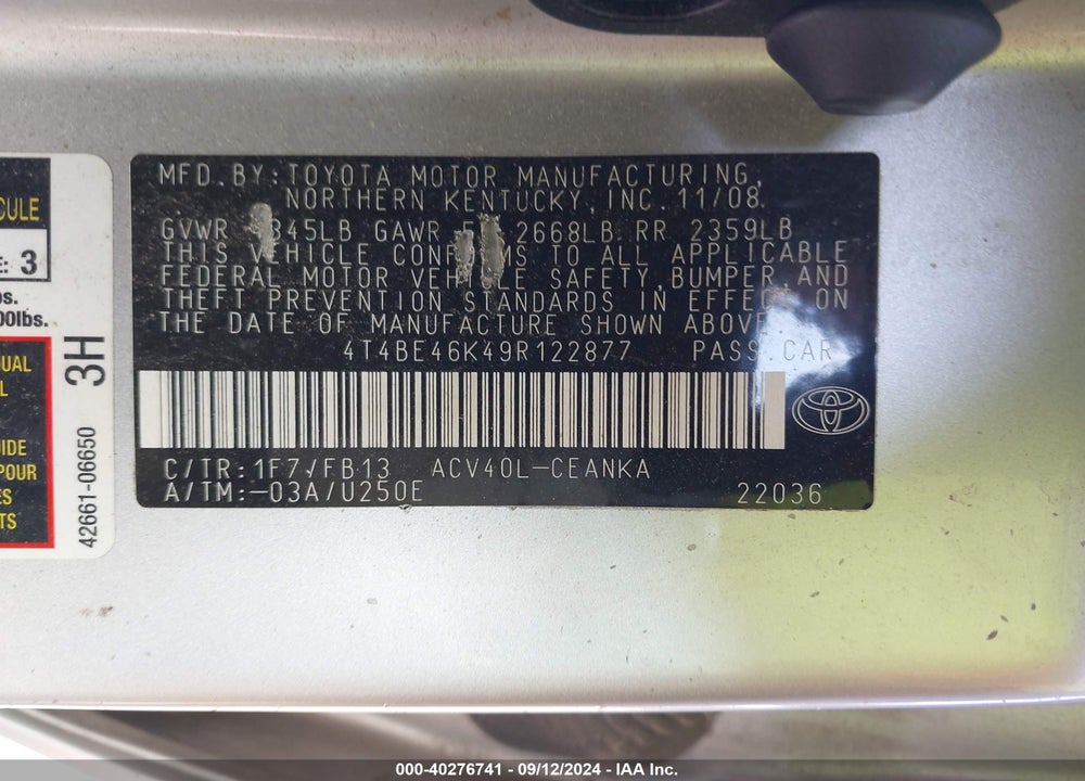 2009 TOYOTA CAMRY LE VIN: 4T4BE46K49R122877