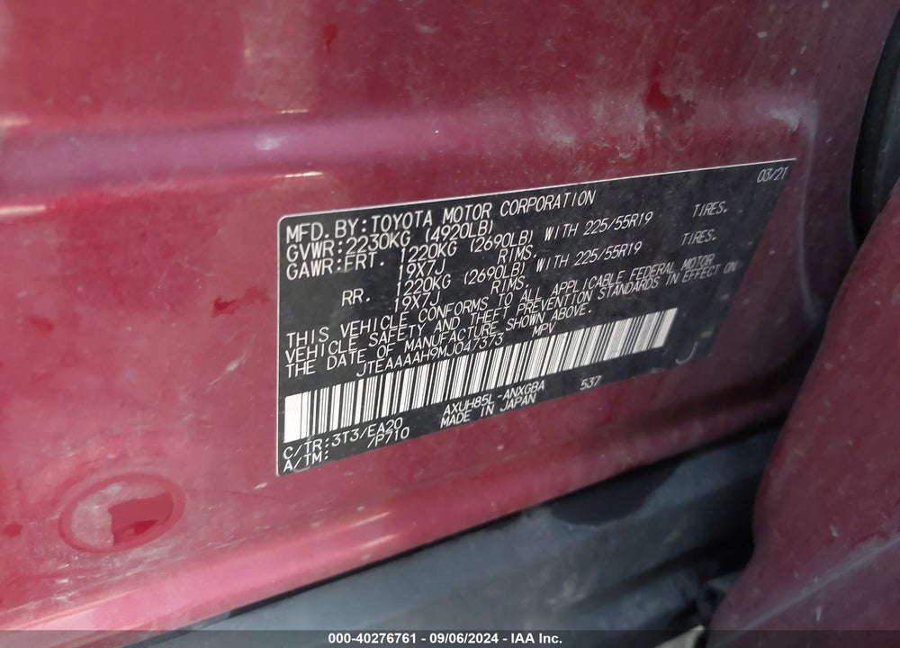 2021 TOYOTA VENZA XLE VIN: JTEAAAAH9MJ047373