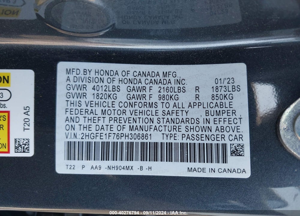 2023 HONDA CIVIC EX /EX W/O BSI VIN: 2HGFE1F76PH306861