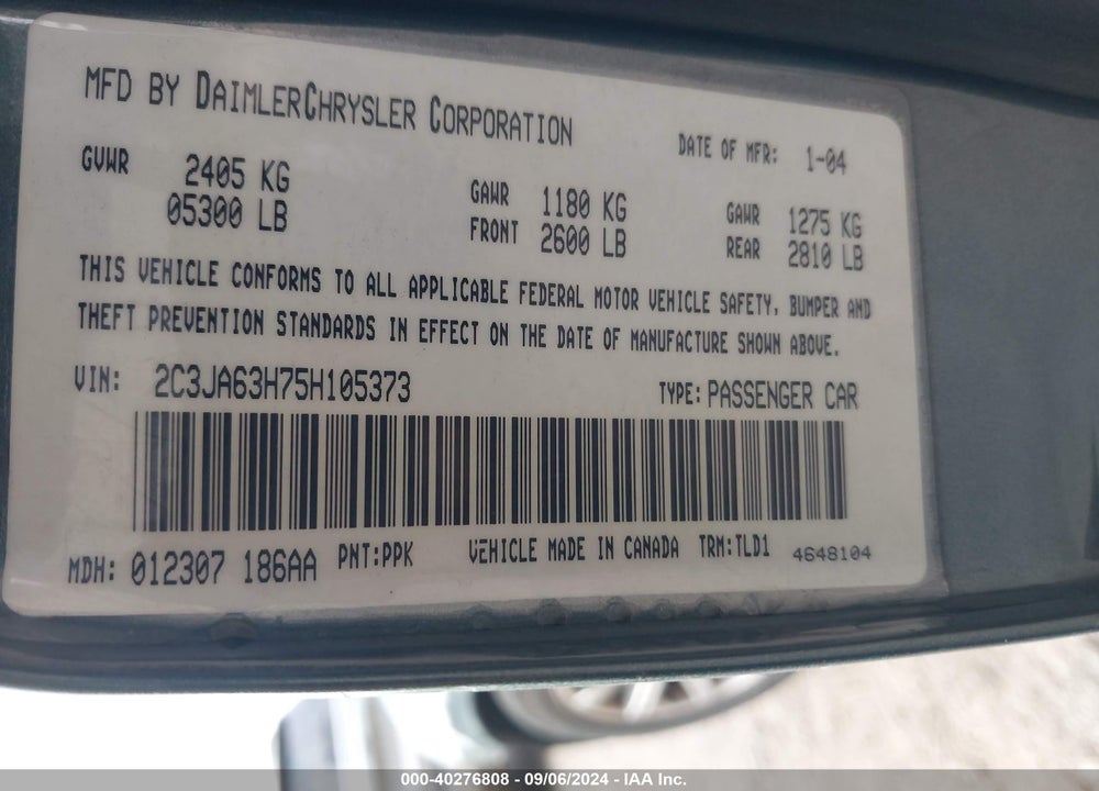 2005 CHRYSLER 300C VIN: 2C3JA63H75H105373