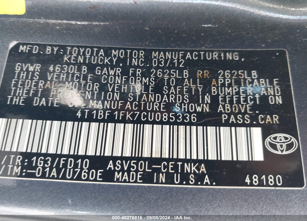 2012 TOYOTA CAMRY LE VIN: 4T1BF1FK7CU085336