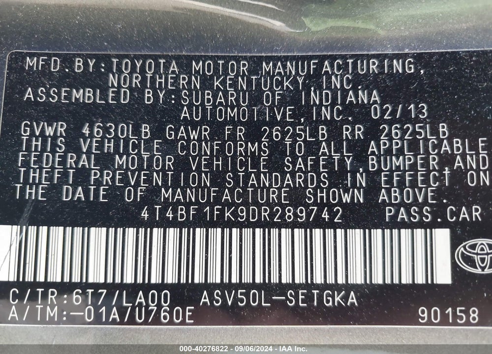 2013 TOYOTA CAMRY XLE VIN: 4T4BF1FK9DR289742