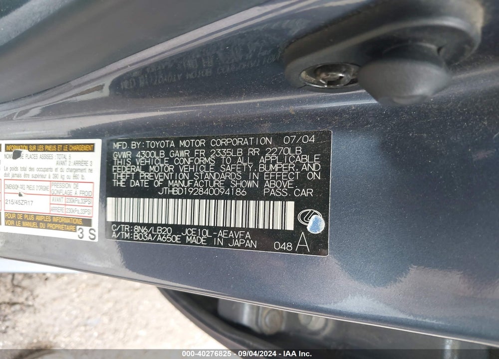 2004 LEXUS IS 300 VIN: JTHBD192840094186