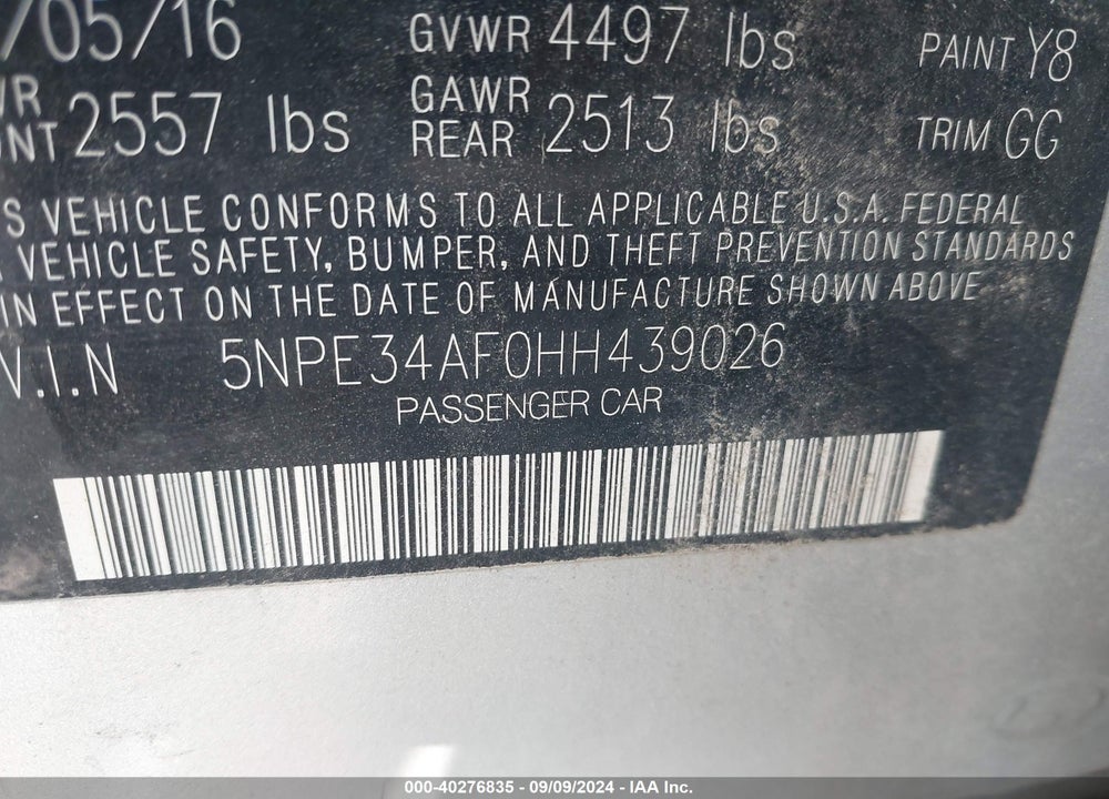 2017 HYUNDAI SONATA SPORT VIN: 5NPE34AF0HH439026