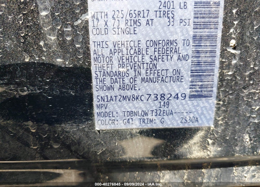 2019 NISSAN ROGUE SV VIN: 5N1AT2MV8KC738249