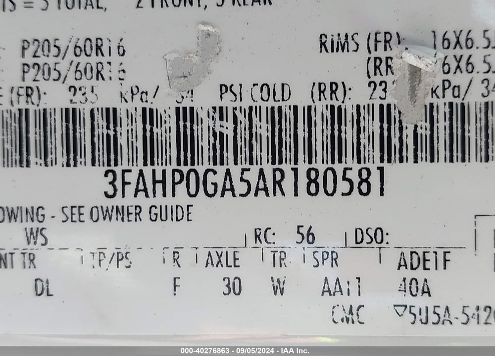 2010 FORD FUSION S VIN: 3FAHP0GA5AR180581